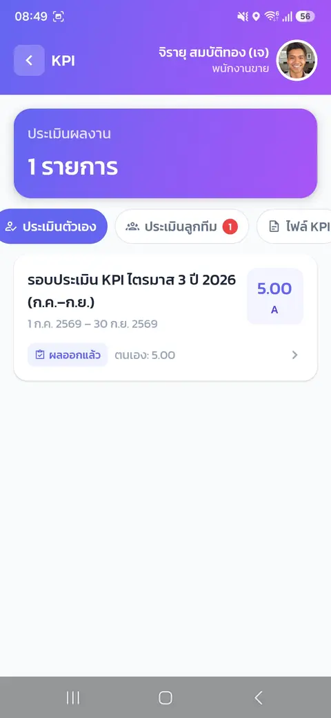 ประเมินผลงาน (KPI) — หน้ารายการประเมินของฉัน