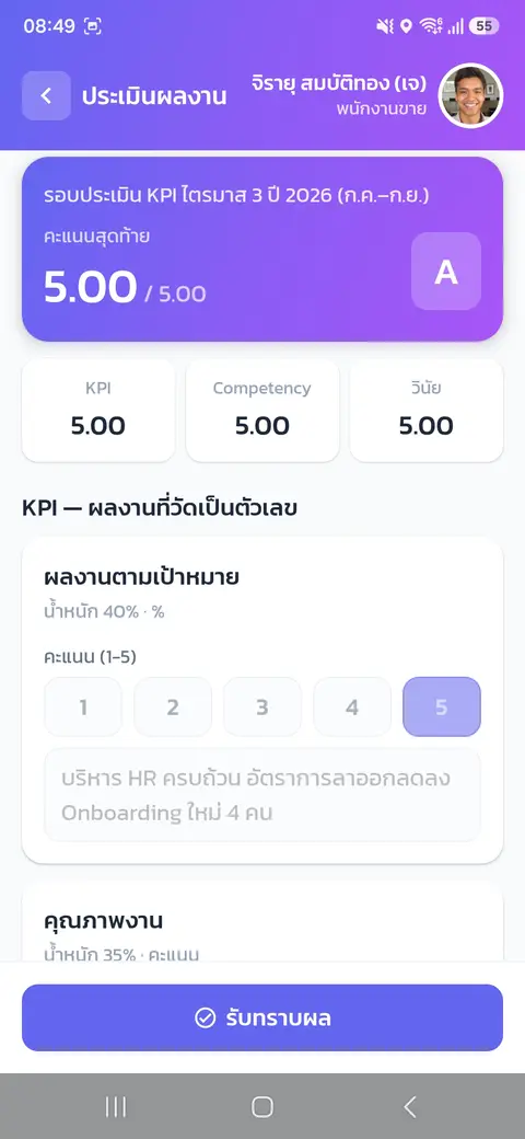ประเมินผลงาน (KPI) — ผลคะแนนและรายละเอียด KPI